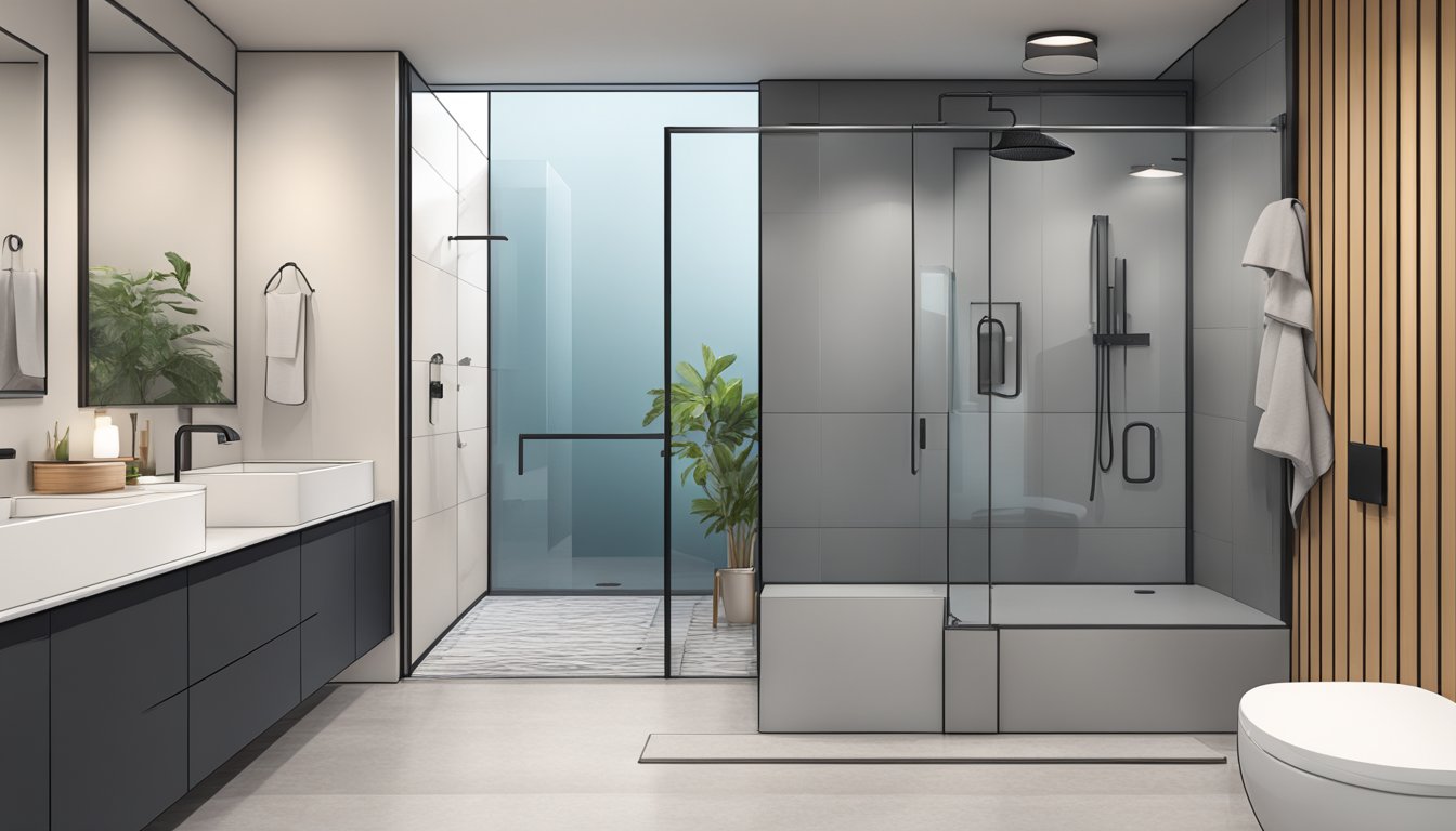 A modern, sleek bathroom with clean lines, a spacious shower area, and a minimalist vanity with ample storage