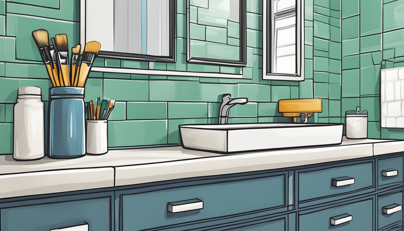 A paintbrush adds color to a freshly tiled bathroom wall. Accessories are placed on a new vanity