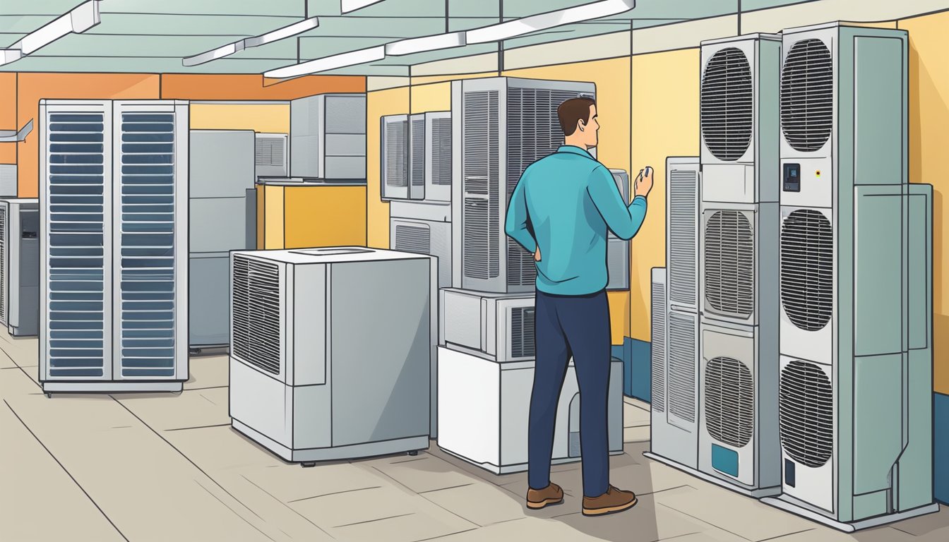 A person comparing different affordable air conditioning units in a store showroom