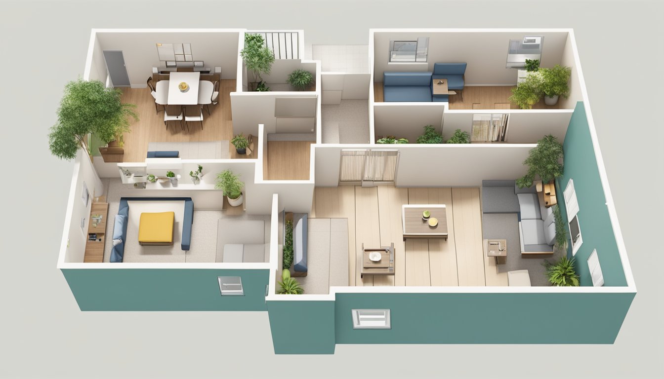 A bird's eye view of a simple HDB floor plan with open spaces and minimal furniture