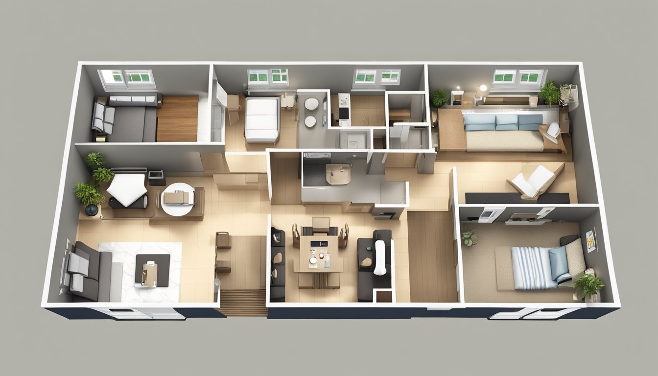 A bird's eye view of a simple HDB floor plan, with clear labels and dimensions, surrounded by furniture and fixtures