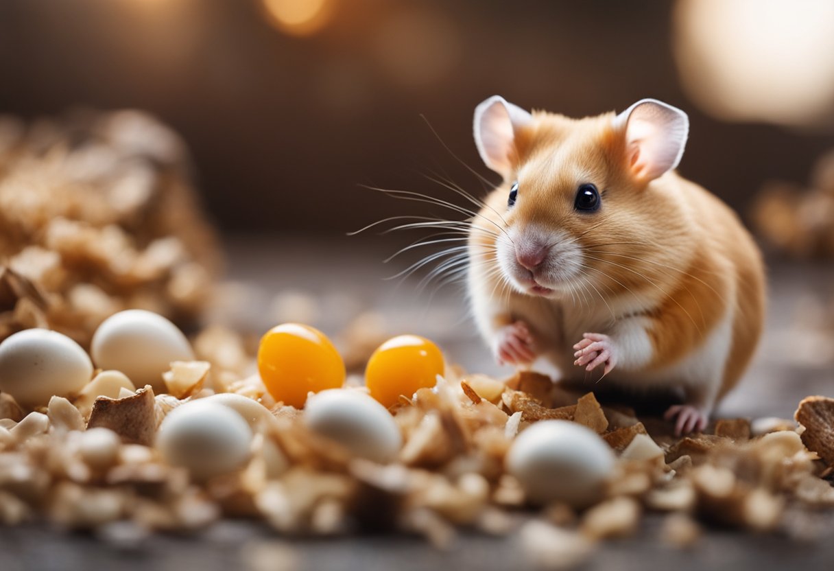A hamster nibbles on a small cracked egg, surrounded by scattered bits of shell and a curious expression on its face
