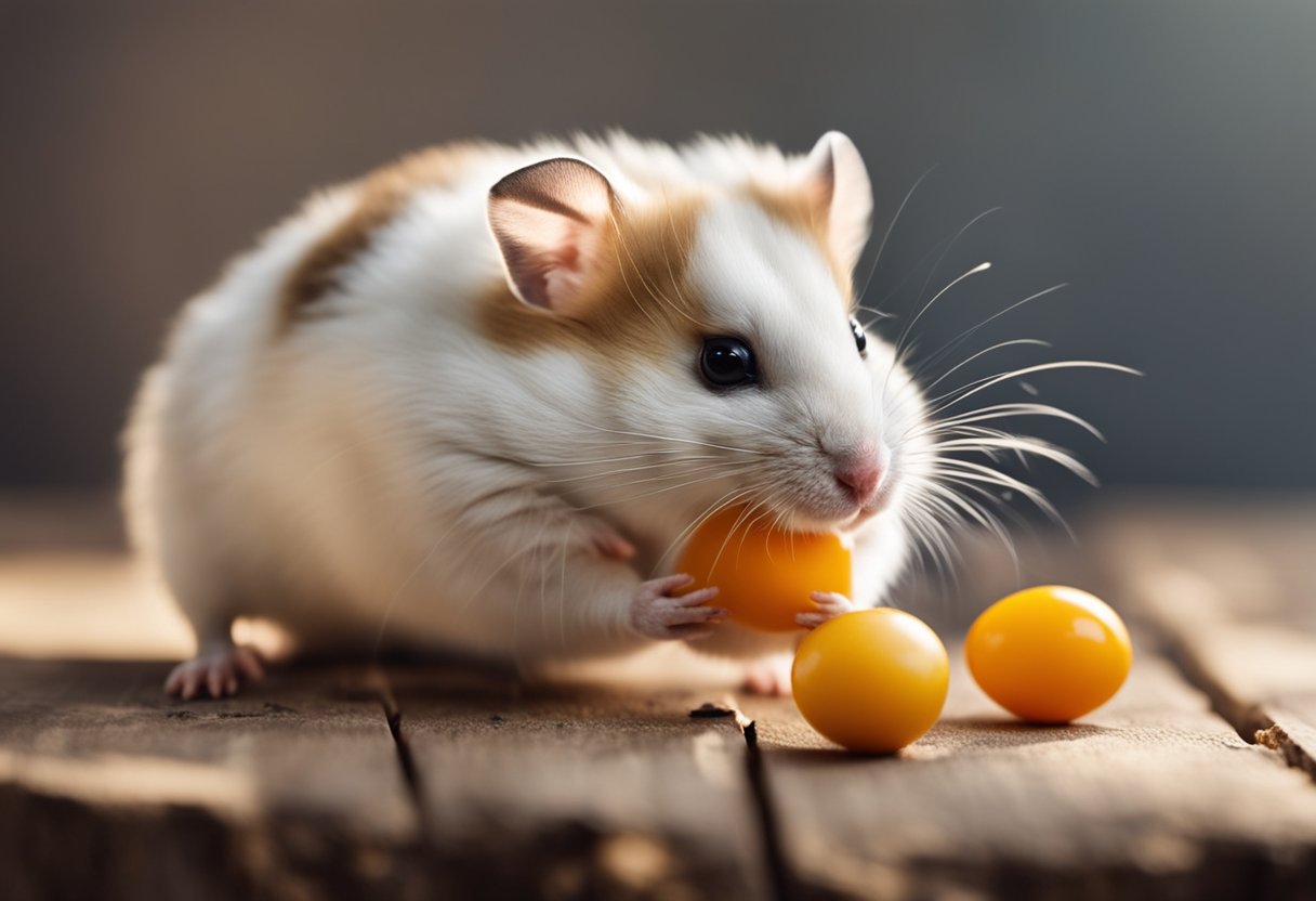 A hamster eagerly nibbles on a cracked egg, showcasing the nutritional benefits of eggs for hamsters