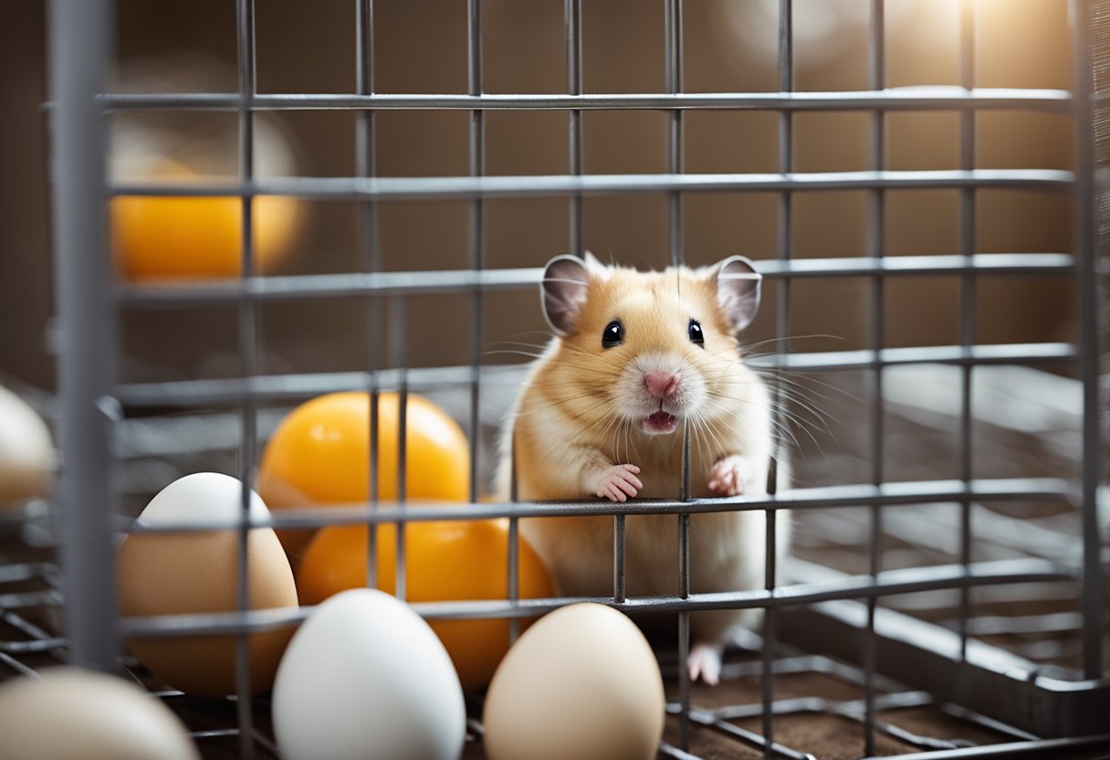 A hamster is eating an egg, surrounded by a safety gate and labeled feeding guidelines