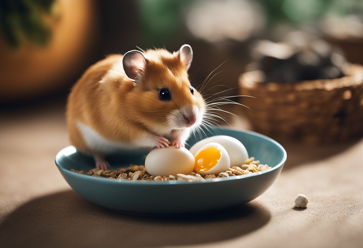 A hamster sitting next to a small dish with a cracked egg inside, looking curious and sniffing the egg