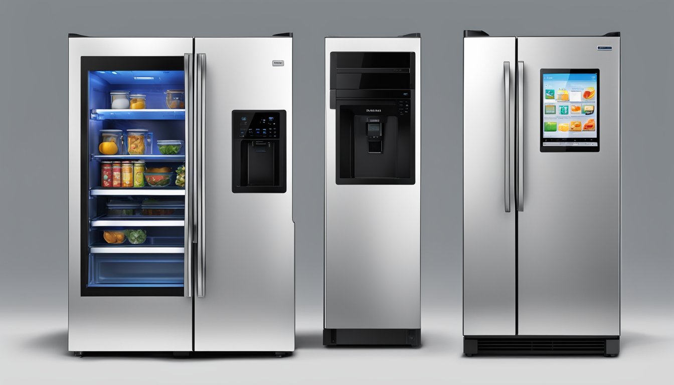 A sleek Toshiba refrigerator with high-tech features and innovative technologies, such as touch screen controls and energy-efficient design