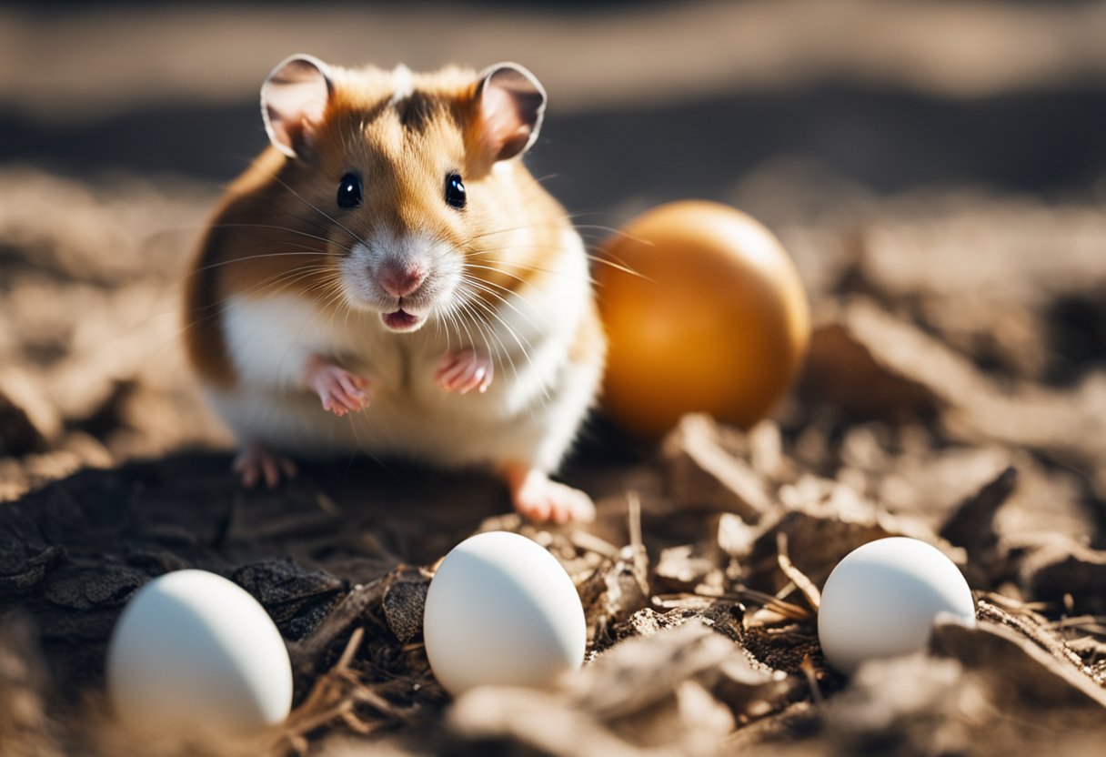 A hamster sits next to a cracked egg, sniffing cautiously