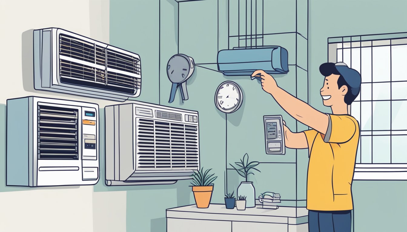 A person adjusting aircon settings with a smile, surrounded by energy-saving tips and a low-cost maintenance checklist
