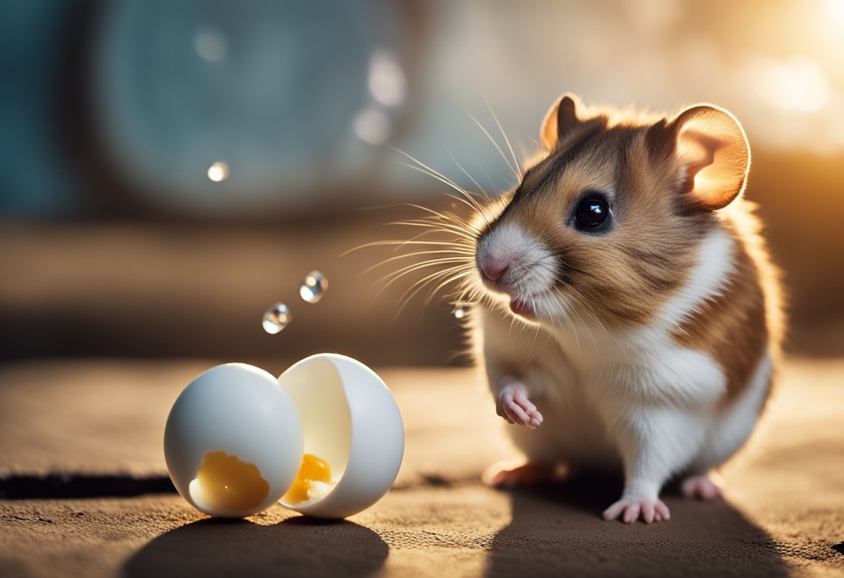 A curious hamster sniffs at a cracked egg, while a question mark hovers above its head