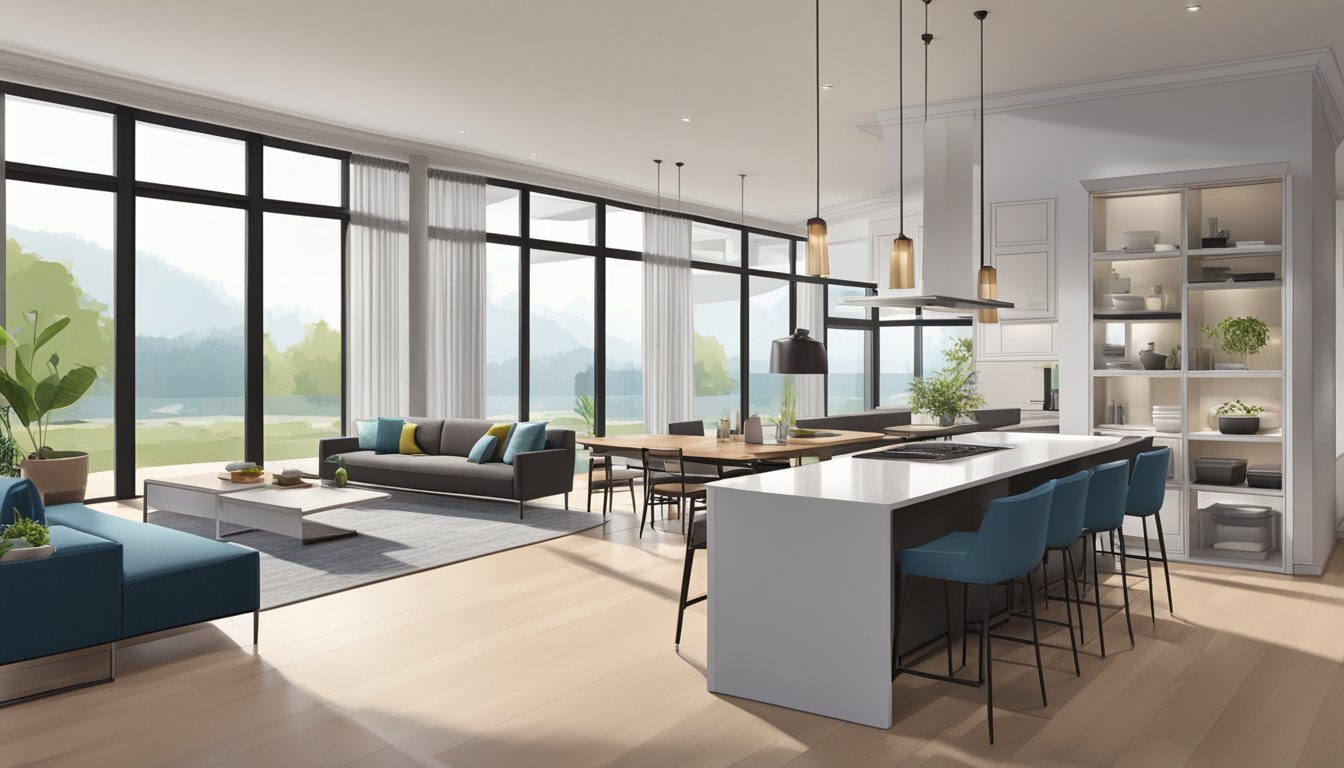 A spacious living room with modern furniture, large windows, and an open floor plan leading into a sleek kitchen with a central island