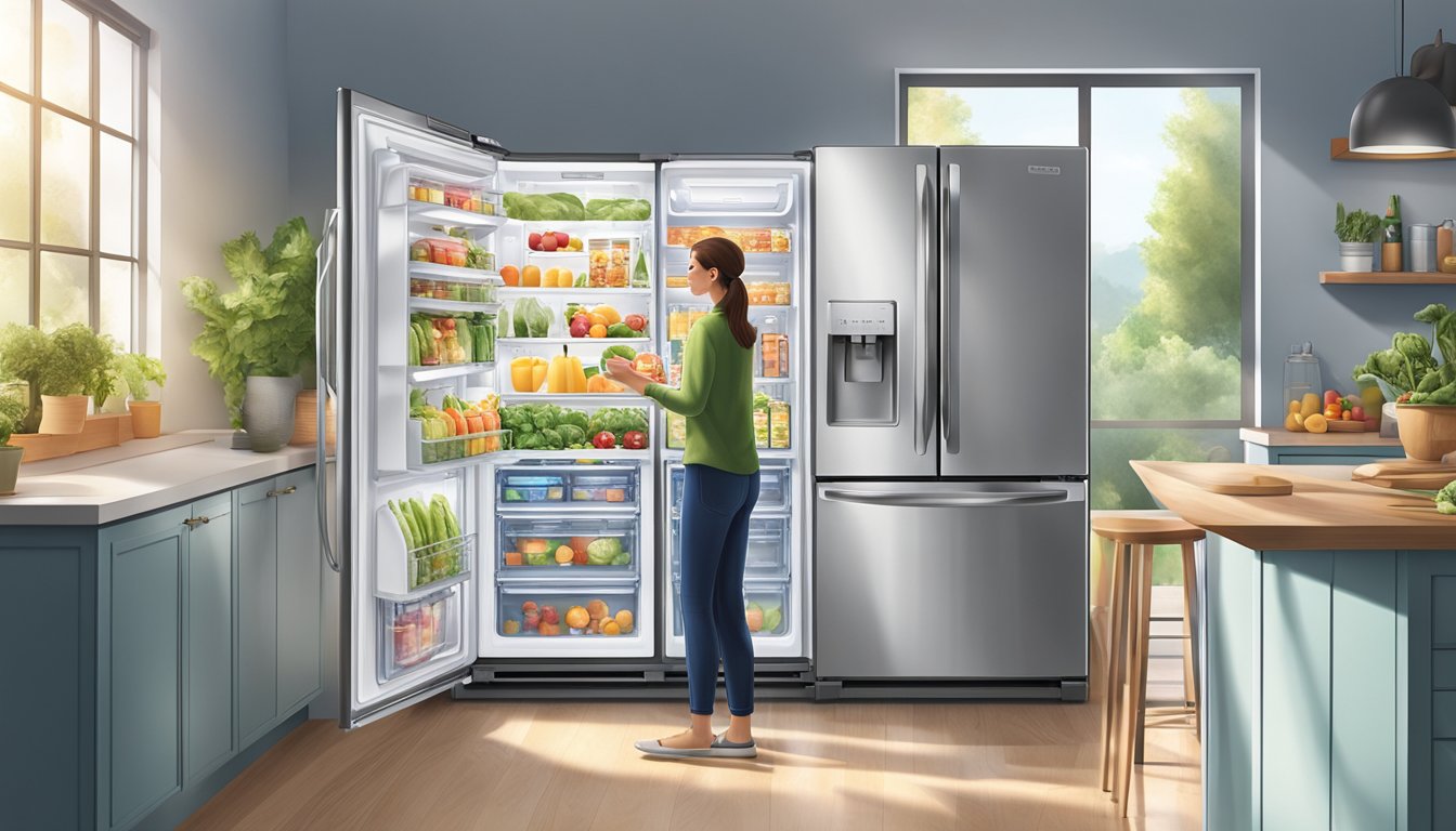 A family opens a Toshiba refrigerator, finding it fully stocked and organized with fresh produce and beverages. The interior lighting is bright and the temperature is perfectly chilled