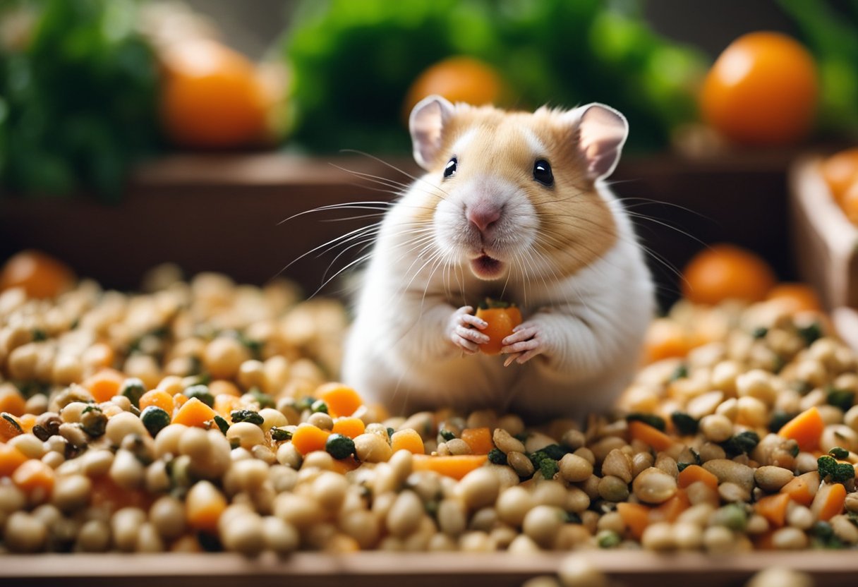 A hamster nibbles on a pile of seeds and fresh vegetables in its cage. The hamster's cheeks are bulging as it enjoys its meal