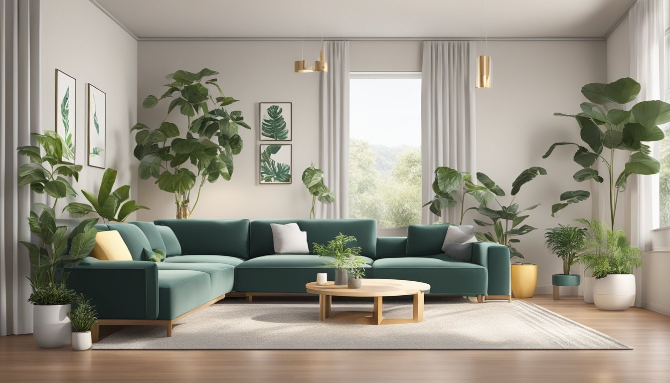 A room with modern furniture, fresh paint, and new lighting. Plants and artwork add a touch of warmth