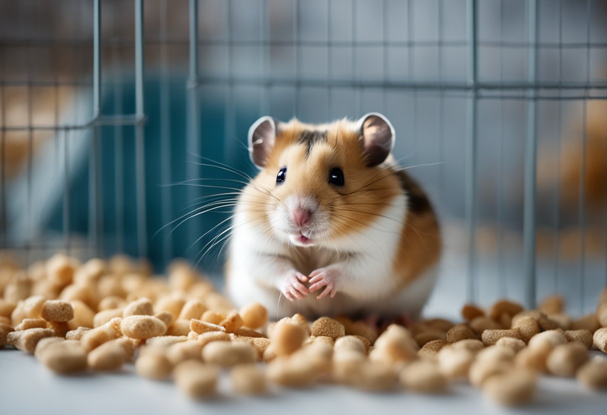 A hamster is sitting in its cage, its small paws holding a tiny food pellet, while its cheeks are bulging from the food it has already stored