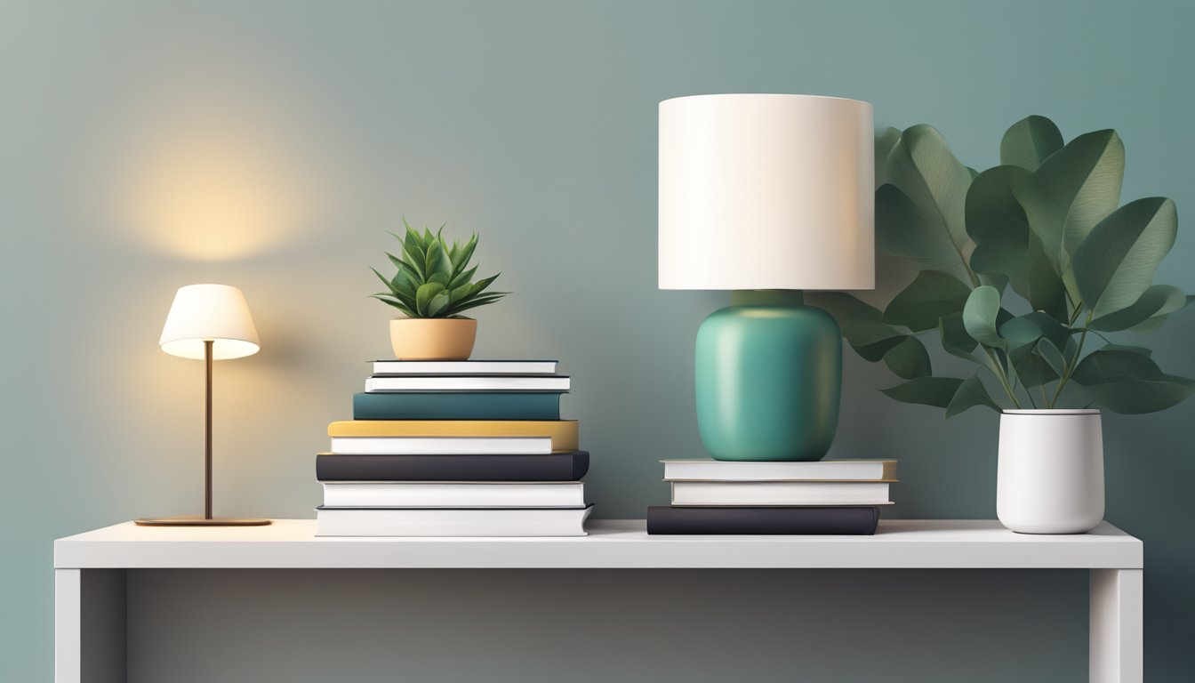 A sleek, minimalist modern bedside table with a geometric lamp, a stack of books, and a small plant in a stylish pot