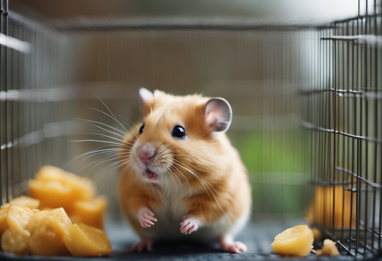 A hamster sits in its cage, sniffing around for food. Its tiny paws reach out, searching for something to nibble on
