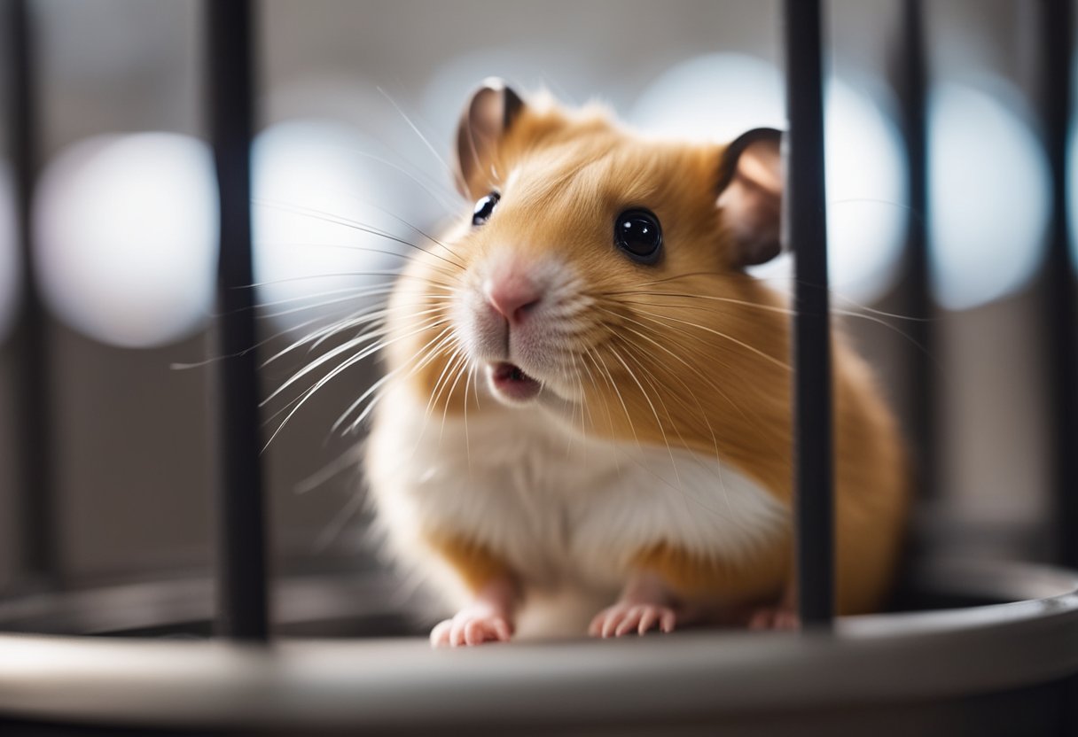 A hamster sits in its cage, looking up expectantly as a food bowl is placed in front of it