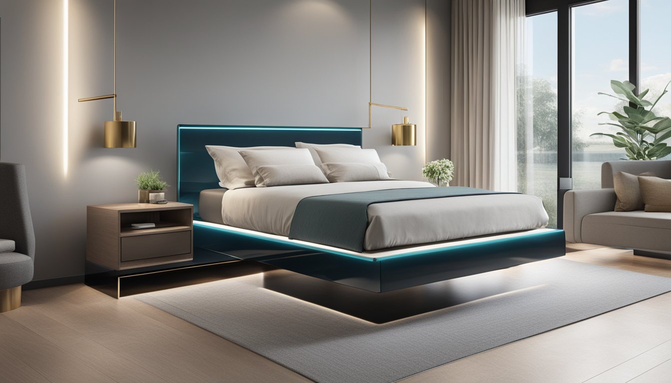 A sleek, minimalist bedside table with clean lines and a glossy finish sits next to a contemporary bed. The table features a simple, yet elegant design with metallic accents and a single drawer for storage