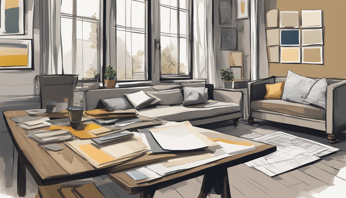 A room with bare walls, old furniture, and peeling paint. Sketches of modern design ideas pinned to a mood board. Paint swatches and fabric samples scattered on a table