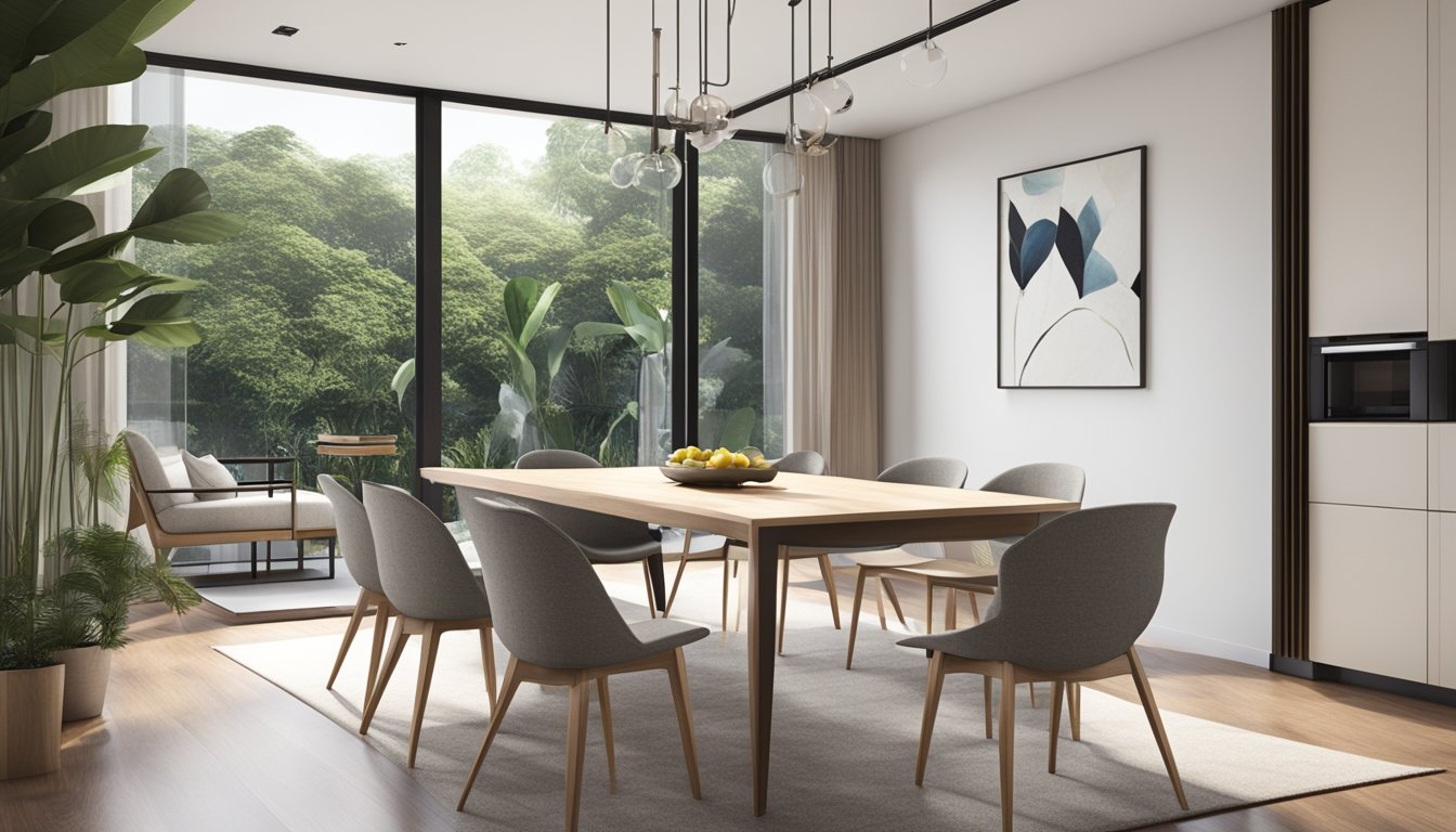 A sleek 6-seater dining table in a modern Singaporean home, surrounded by stylish chairs and bathed in natural light