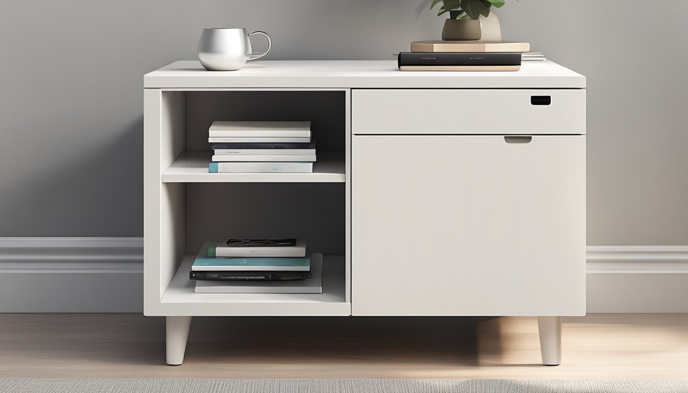 A sleek, minimalist bedside table with a built-in charging station and storage compartments. Clean lines and a neutral color palette exude modern functionality and convenience