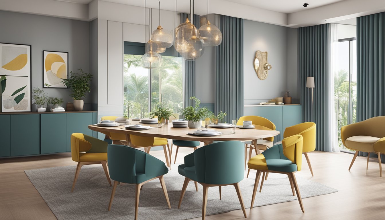 A 6-seater dining table sits in a bright, modern dining room in Singapore, surrounded by stylish chairs and bathed in natural light