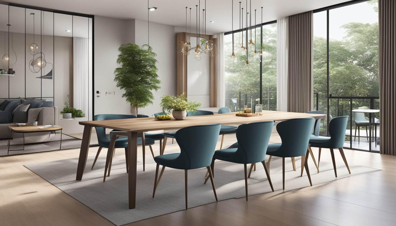 A sleek 6-seater dining table sits in a modern Singaporean dining space, surrounded by stylish chairs and bathed in natural light
