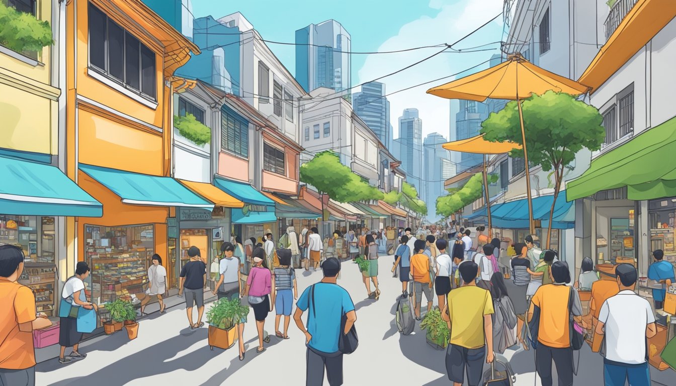 A bustling Singapore street filled with vibrant renovation stores and customers seeking ideas