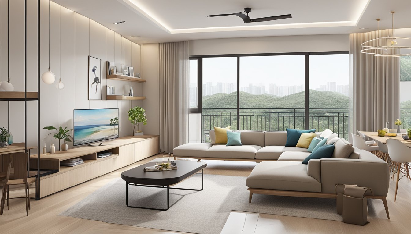 A spacious 4-room HDB flat with modern, minimalist design. Light-colored walls and large windows create a bright, airy atmosphere. Sleek, functional furniture and clever storage solutions maximize space