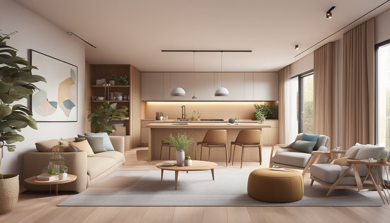 A cozy living room with warm, earthy tones and natural textures. A modern kitchen with sleek, minimalist design. A tranquil bedroom with soft, pastel colors. A functional study area with ample storage and natural lighting