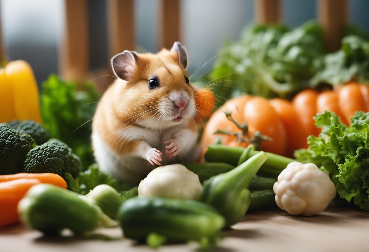 A hamster happily munches on a pile of fresh vegetables in its cozy cage