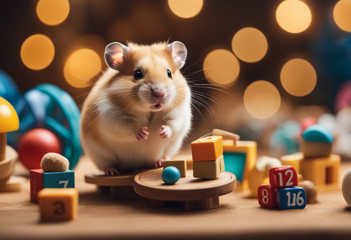 A hamster running on a wheel, surrounded by toys and a cozy cage, with a calendar showing their average lifespan