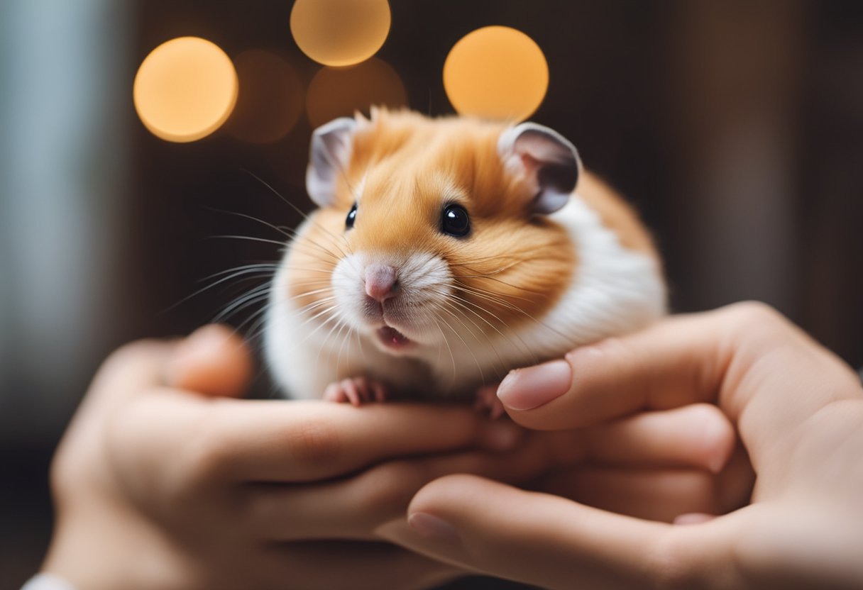 A hamster is being gently held and fed by its owner in a cozy, well-lit cage
