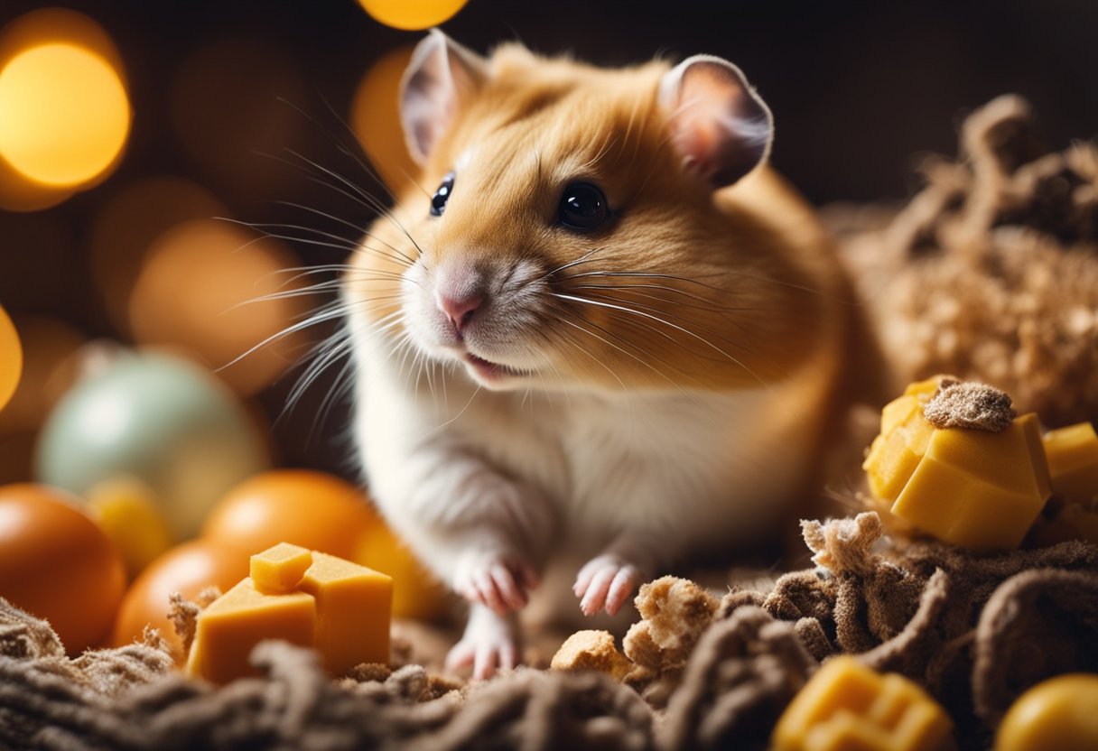 A hamster surrounded by various resources, such as food, toys, and bedding, in a cozy cage