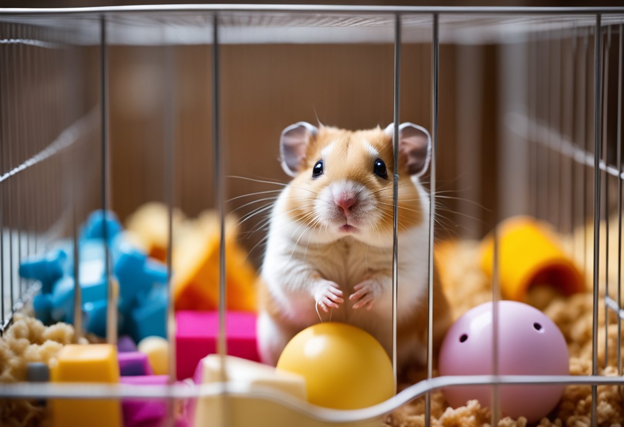 A hamster sitting in its cage, surrounded by toys and bedding, with a curious expression on its face