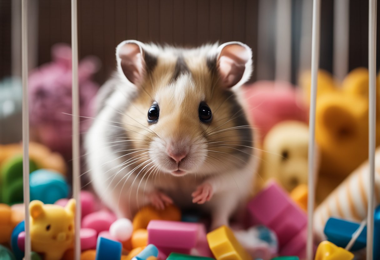 A hamster sits in its cage, surrounded by toys and bedding. A sign nearby reads, "Frequently Asked Questions: How many years do hamsters live?"