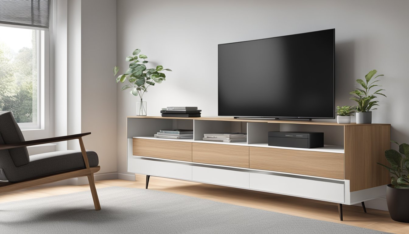 A sleek TV sideboard with clean lines and minimalistic design, featuring open shelves, drawers, and a large flat surface for a television