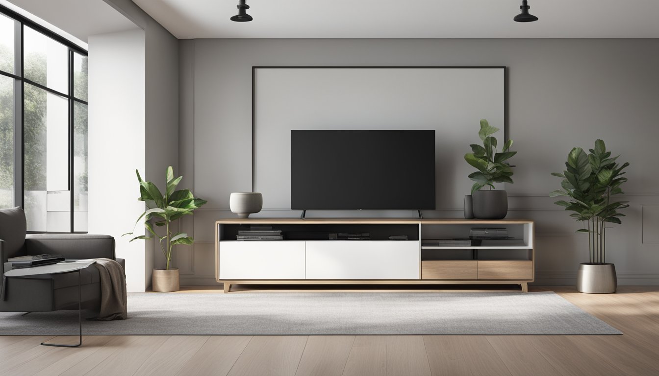 A sleek, modern TV sideboard with clean lines and minimalist design. The sideboard features open shelving for media devices and closed storage for clutter-free organization