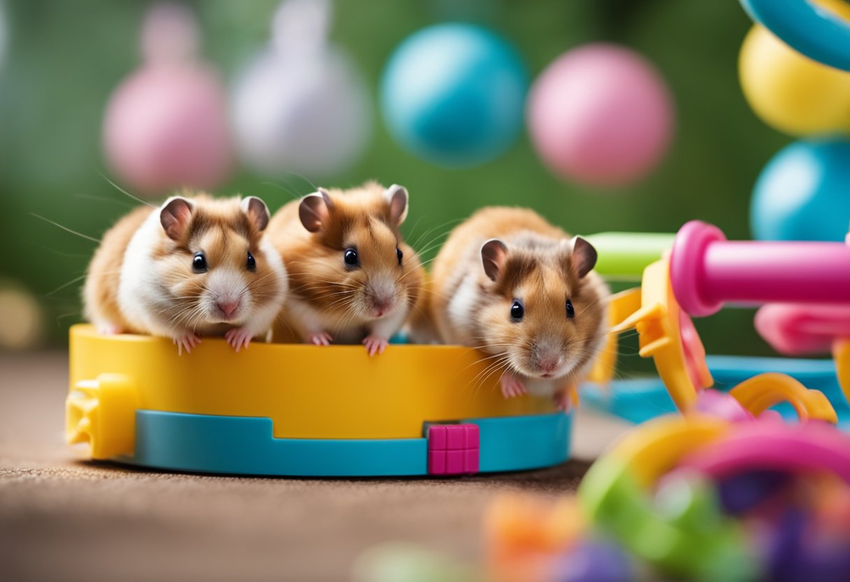 A group of hamsters playing with various toys and running on their exercise wheel inside a colorful and cozy cage