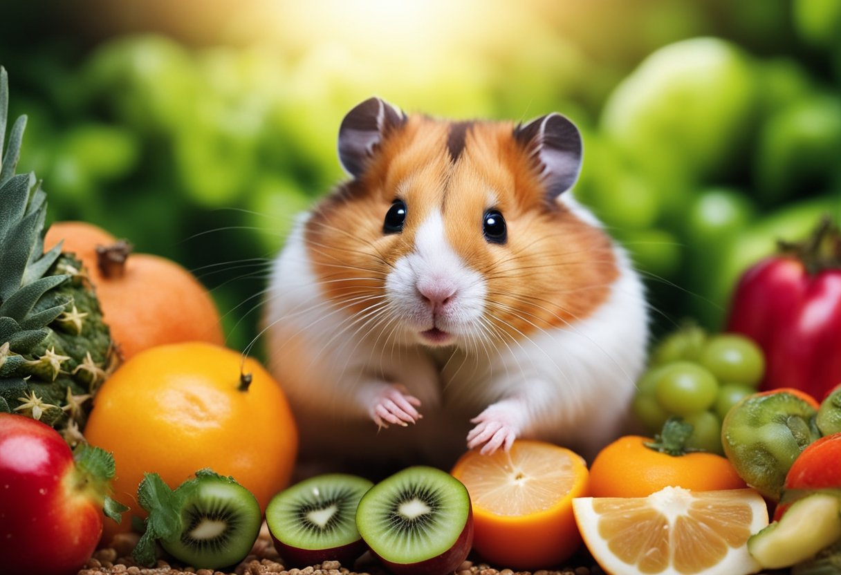 A hamster surrounded by a variety of fresh fruits, vegetables, and seeds, with a small dish of water nearby