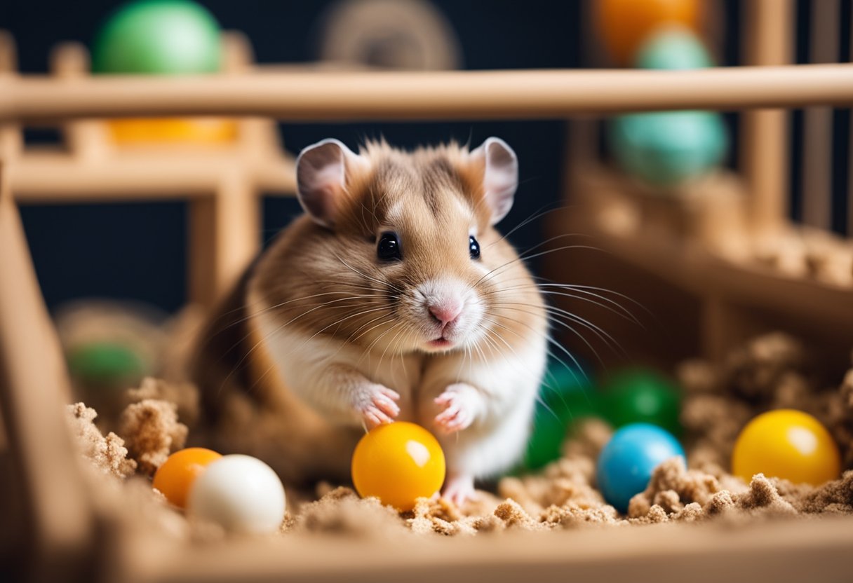 A hamster exploring a variety of toys and tunnels in a spacious cage, with a wheel for exercise and plenty of bedding for burrowing