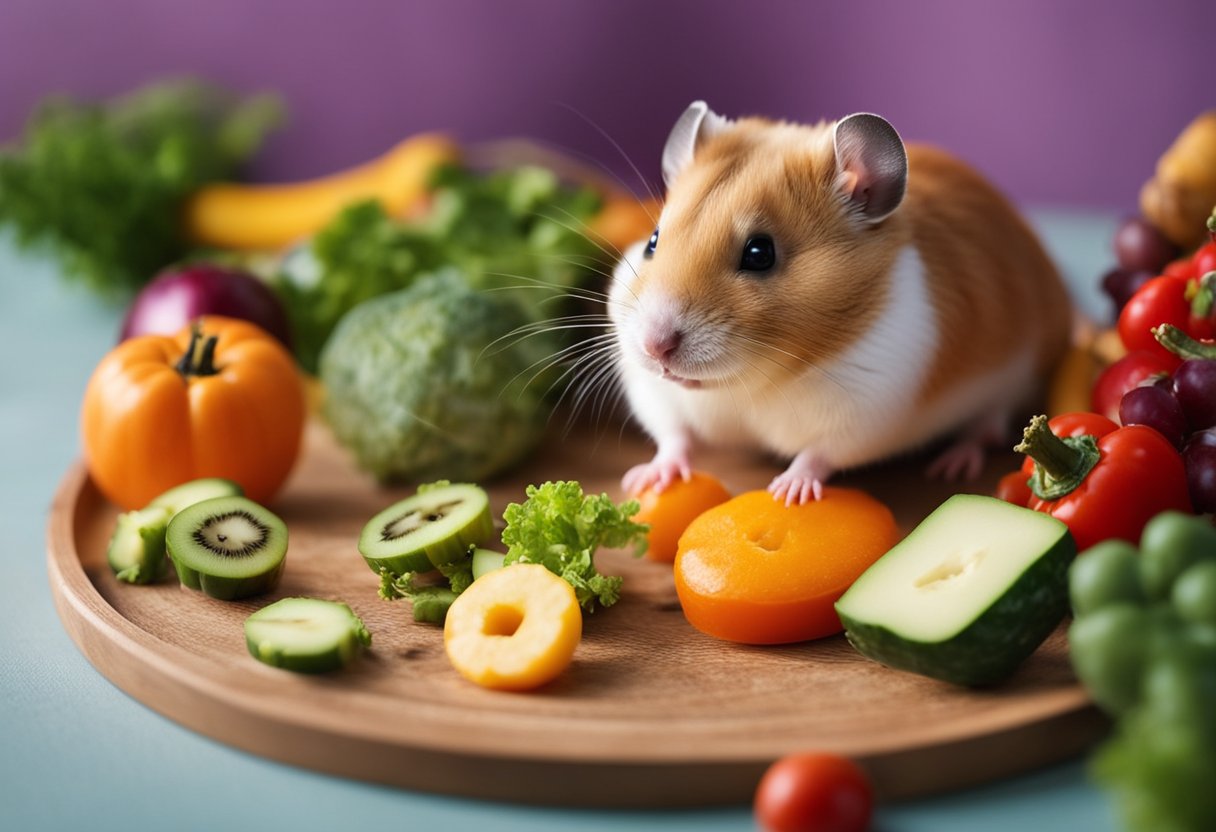 A hamster happily nibbles on a variety of fresh vegetables and fruits scattered around its cozy cage. A colorful exercise wheel and chew toys are also visible, providing plenty of entertainment for the furry little creature