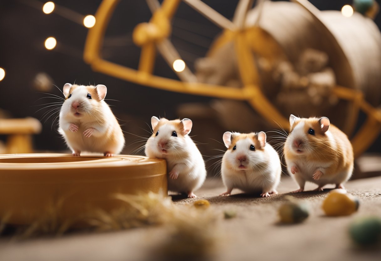 Hamsters gather around a wheel, eagerly running and spinning, their tiny paws furiously moving as they enjoy the thrill of exercise