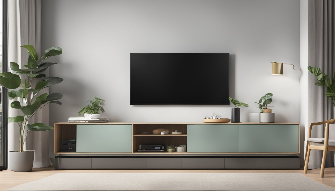 A sleek, modern TV sideboard with clean lines and ample storage space, showcasing its functionality and practicality in a minimalist living room setting