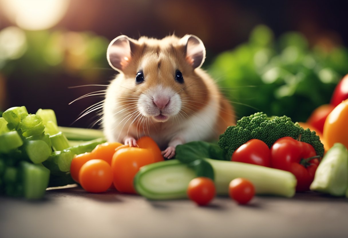 A hamster eagerly nibbles on a pile of fresh vegetables, while a colorful exercise wheel spins in the background