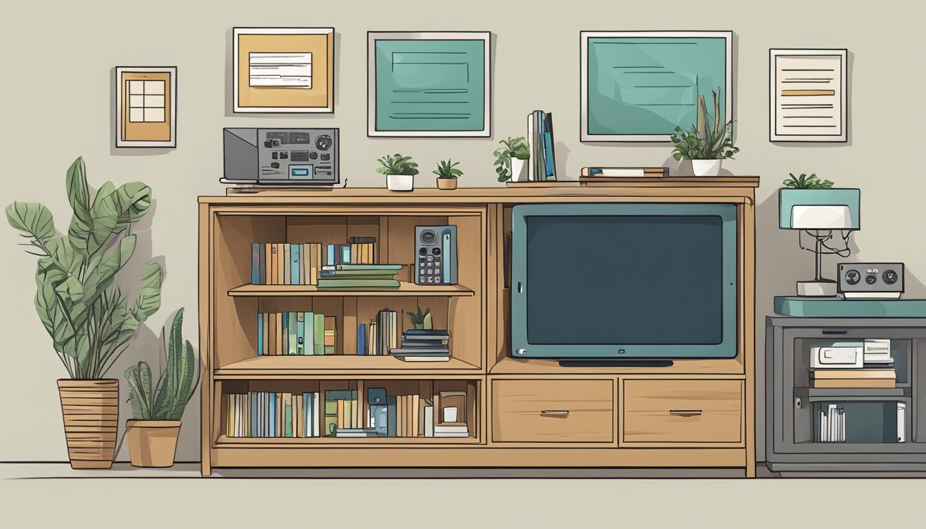 A TV sideboard with labeled "Frequently Asked Questions" sections and various electronic devices on top