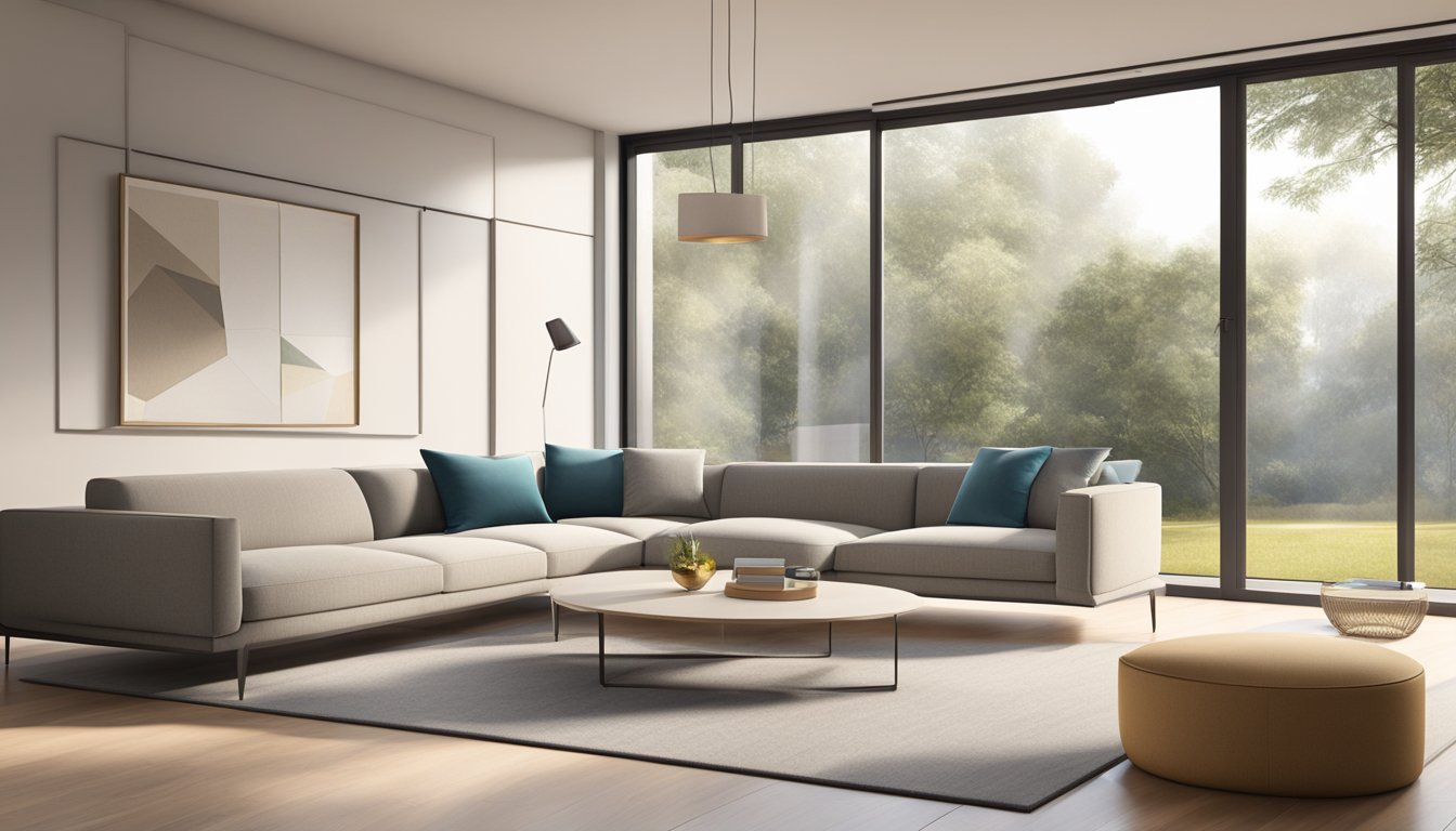 A sleek modern sofa sits in a minimalist living room, bathed in natural light from a large window. The sofa is upholstered in a neutral fabric with clean lines and geometric shapes
