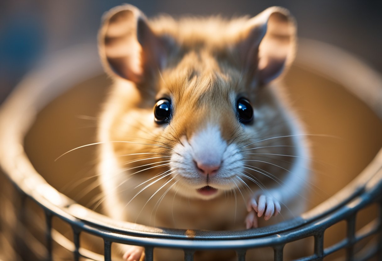 A happy hamster sits in its cage, eyes bright and ears perked up, emitting soft chirping sounds of contentment