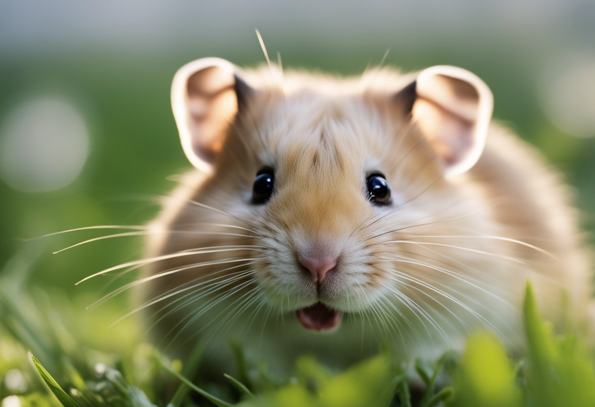 A happy hamster emits soft chirping sounds, its body relaxed and ears perked up