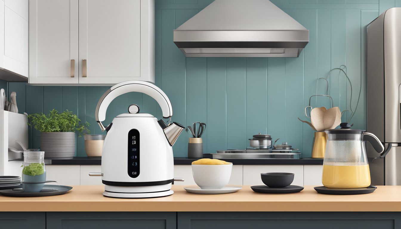 An electric kettle sits on a modern kitchen countertop in Singapore, surrounded by sleek appliances and stylish decor